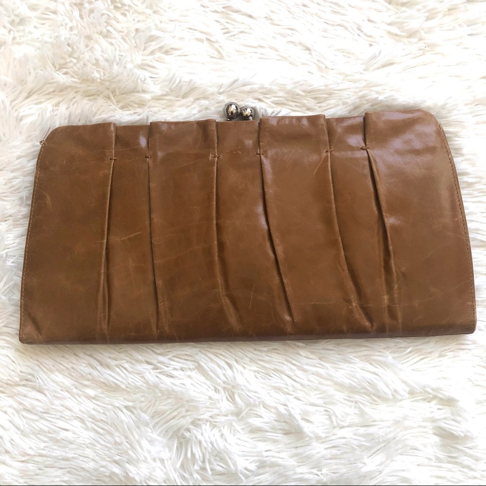 HOBO PLEATED LEATHER CLUTCH WITH KISS LOCK CLOSURE